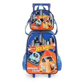 Kit Mochila Rodinhas Lancheira Luxcel Hotwheels Azul Speed