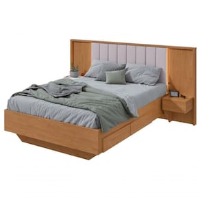 Cama Casal 140cm Com Usb, Usb-c E 2 Mesa De Cabeceiras Solaris Amendoa Clean Off White