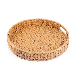 bandeja decorativa 38cm redonda com alças de palha fibra natural - Oikos