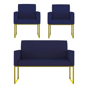 Kit Sofá 2 Lugares + 2 Poltronas Recepção Sala Base Dourada Cor:azul Marinho Azul Marinho