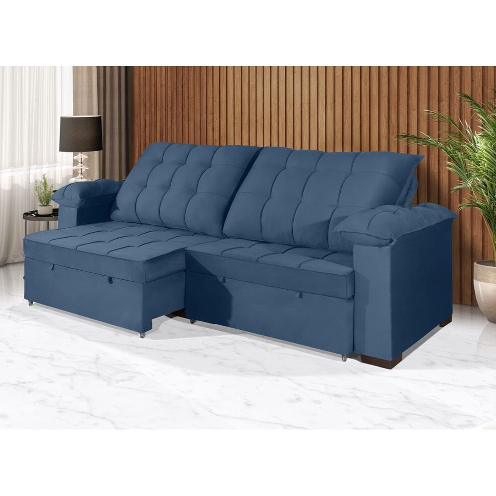 Sofá Retrátil e Reclinável 2,70m Canadá ESTILO ESTOFADOS - Sude Veludo cor "Azul"