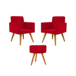 Kit 02 Poltronas Decorativas + Puff Decorativo Redondo Sala Cor:vermelho