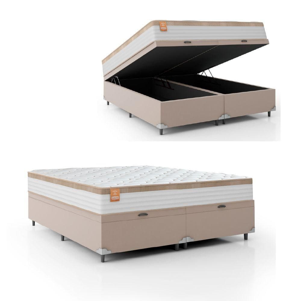 Cama Box Baú Colchão Casal King Molas Ensacadas Real 193x203x68cm Bege/branco Inducol Branco Nat