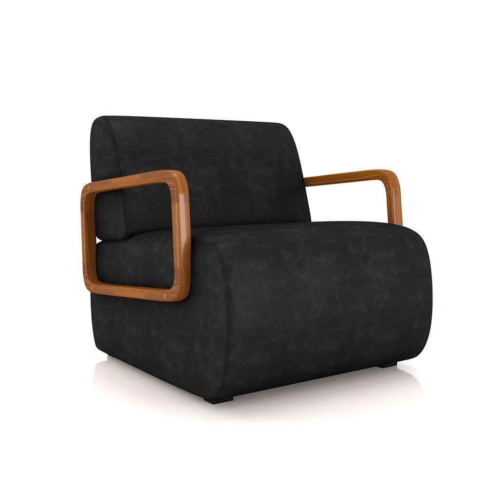 Poltrona Sala De Estar Braço De Madeira Hellen Sintético Pu Preto K01 - D`rossi