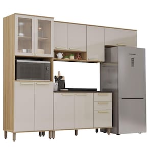 Armário De Cozinha Completa Com Balcão 10 Portas 3 Gavetas Com Vidro E Nicho Para Micro Ondas Madeir Mocca Laca
