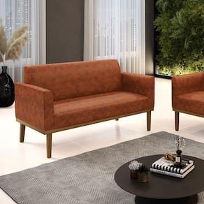 Poltrona Namoradeira Decorativa Pés Fixo Em Madeira Castanho Pu Nozes