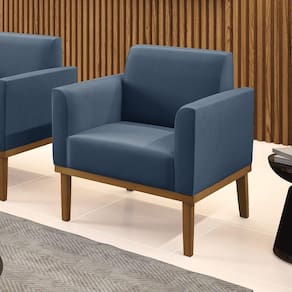 Poltrona Decorativa Pés Fixo Em Madeira Castanho Suede Azul Marinho