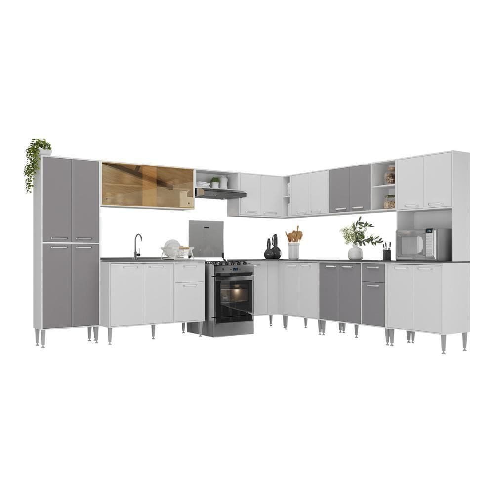Armário De Cozinha Completa Modulada 11 Pçs Siena Multimóveis Mp2241 Branco-lacca Fumê