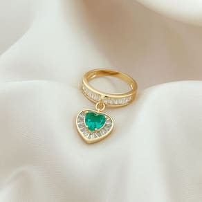 Anel Pingente Coração Verde Turmalina Banhado a Ouro