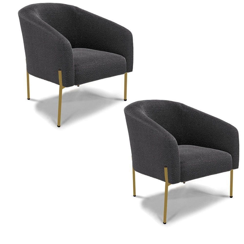 Poltrona Decorativa Pé Ferro Dourado Kit 2 Stella Bouclê Grafite D03 - D`rossi