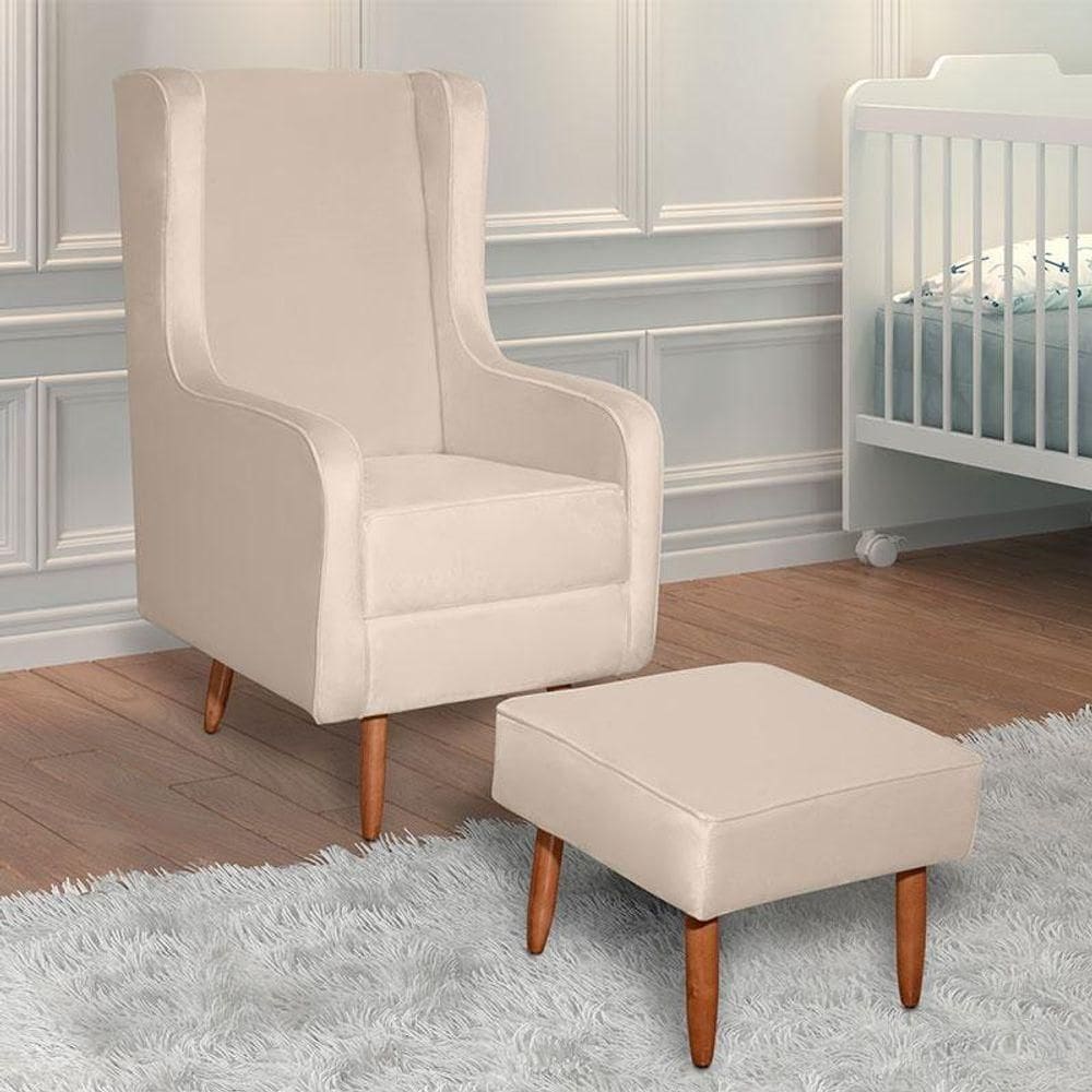 Poltrona Amamentação Ambiente Aquila Com Puff Veludo Off Pés Palito - Fratello