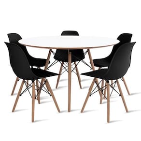 Conjunto De Mesa De Jantar Eames Eiffel Redonda 100cm Tampo De Madeira Branco Com 5 Cadeiras Pretas