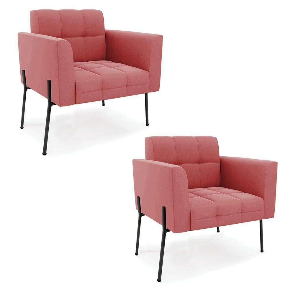 Poltrona Pé De Ferro Preto Para Sala Kit 2 Elisa Suede D03 - D`rossi Cor Rose