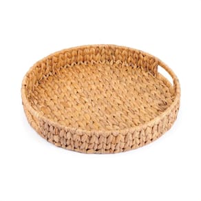 bandeja decorativa 30cm redonda com alças de palha fibra natural - Oikos
