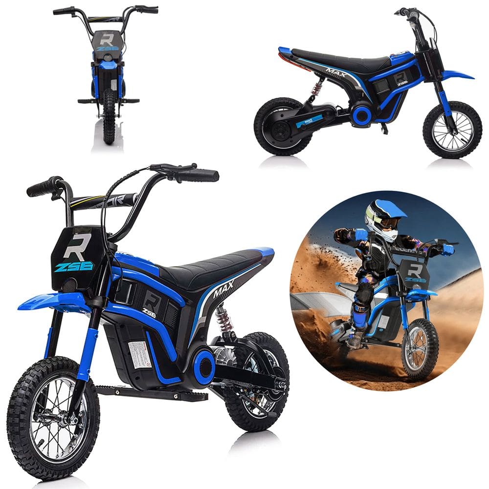 Mini Moto Elétrica Infantil 24V Baby Style Azul Trilha Terra Motor 350W Rodas 12 Suspensão Luzes LED Música e Controle de Acelerador