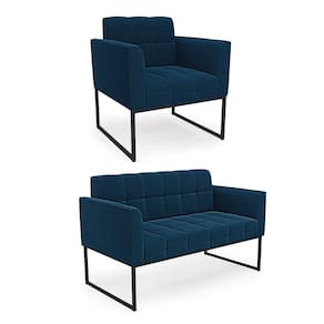 Sofá Namoradeira E Poltrona Industrial Preto Elisa Bouclê D03 - D`rossi Cor Azul