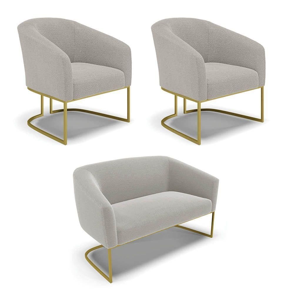 Namoradeira E 2 Poltronas Industrial Dourado Stella Bouclê Cinza D03 - D`rossi
