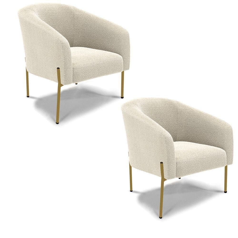 Poltrona Decorativa Pé Ferro Dourado Kit 2 Stella Bouclê Bege D03 - D`rossi