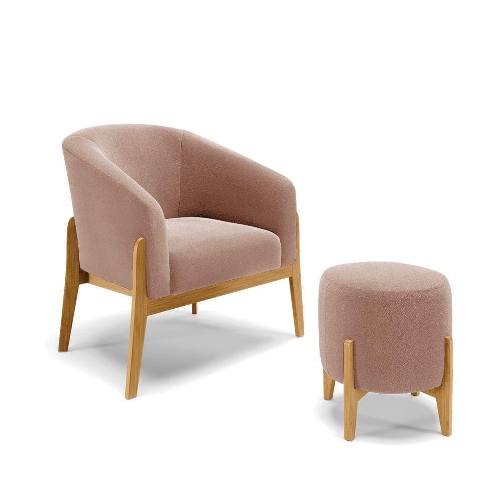 Poltrona E Puff Decorativo Base Madeira Stella Bouclê Rosê P01 - D`rossi