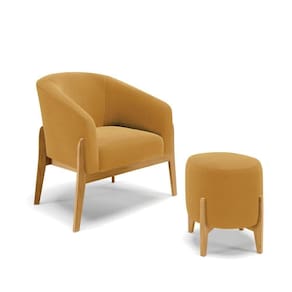Poltrona E Puff Decorativo Base Madeira Stella Bouclê Mostarda P01 - D`rossi