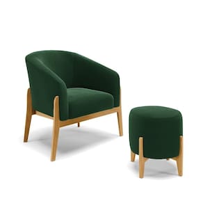 Poltrona E Puff Decorativo Base Madeira Stella Bouclê Verde P01 - D`rossi