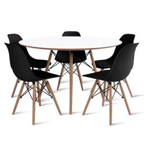 Conjunto De Mesa De Jantar Eames Eiffel Redonda 110cm Tampo De Madeira Branco Com 5 Cadeiras Pretas