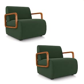 Poltrona Sala De Estar Braço De Madeira Kit 2 Hellen Veludo Verde Musgo K01 - D`rossi