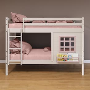 Beliche Infantil Com Janela E Cortina Madeira Maciça Branco/ Rosa Housin