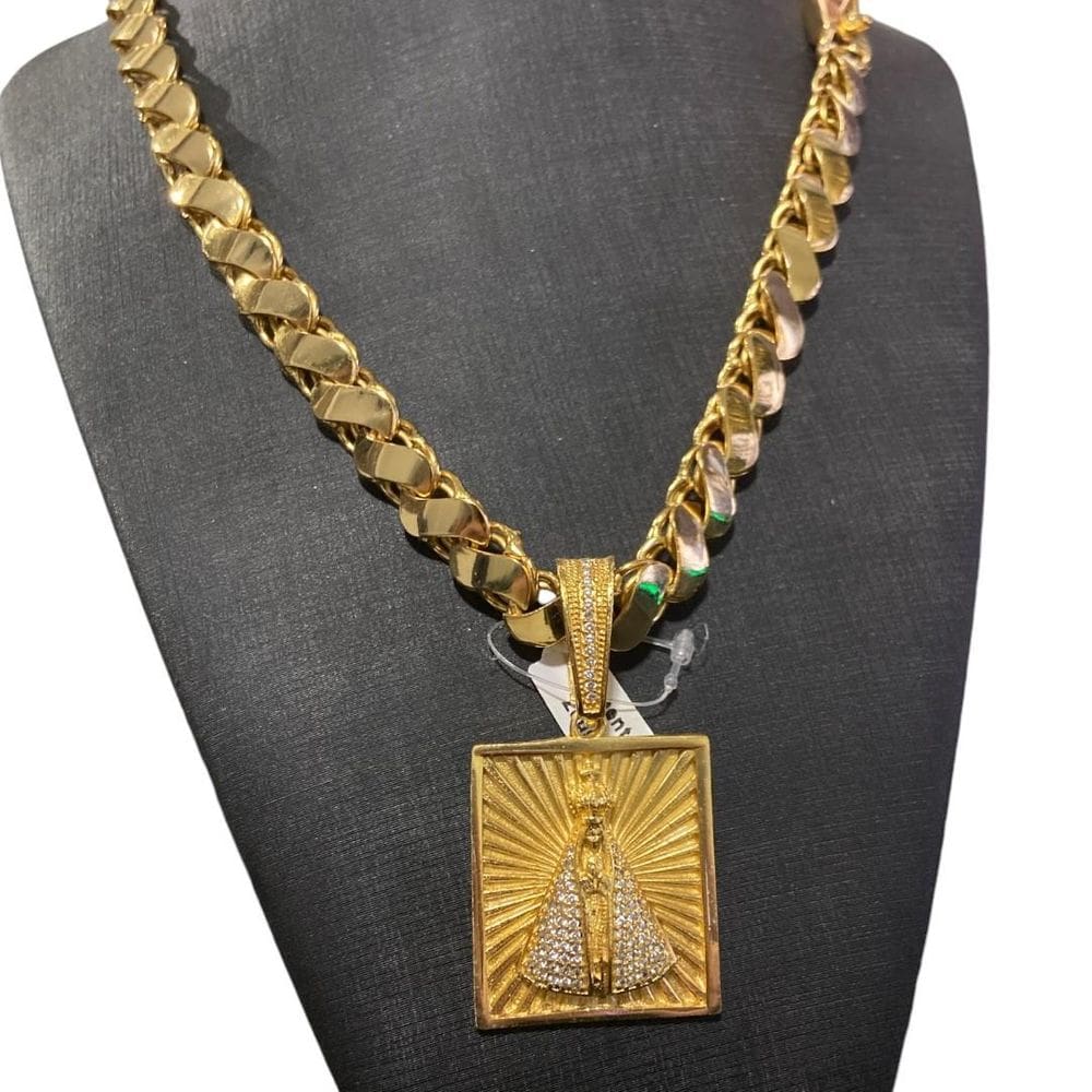 Cordão Friso S 13Mm + Pingente Nossa Senhora Banhado A Ouro