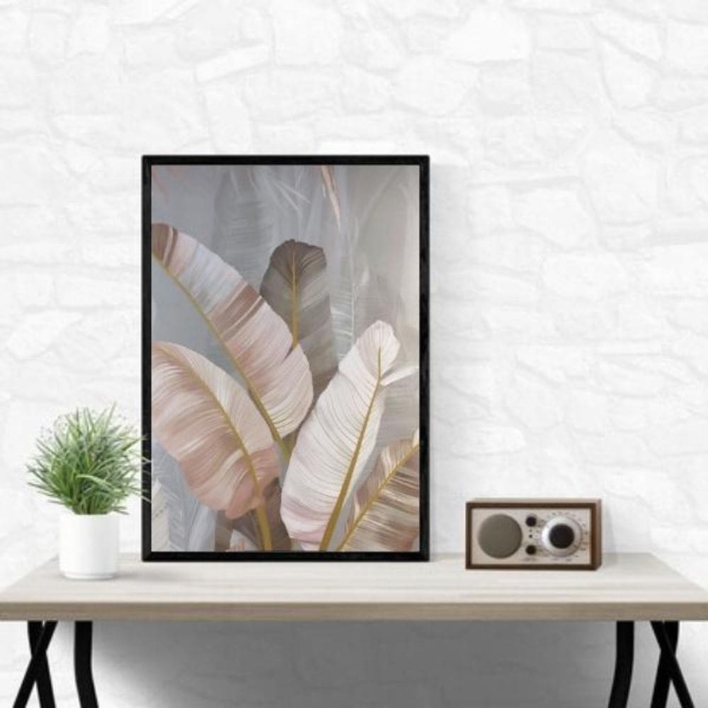 Quadro Folhagens Linho Cinza E Rosê 33X24Cm - Com Vidro