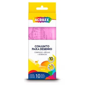 Kit Geométrico Escolar Desenho Réguas Compasso Rosa Acrilex