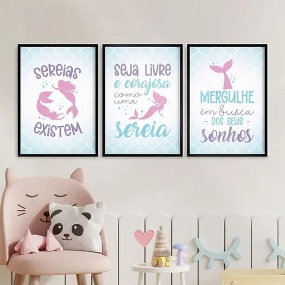 Kit 3 Quadros Menina - Sereias Existem 33X24Cm - Com Vidro