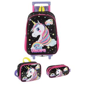 Kit Mochila Rodinha Juvenil Up4You Unicórnio + Estojo Duplo