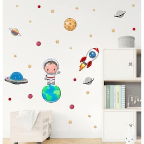 Adesivo De Parede Astronauta Cute Galáxia Foguete E Planeta