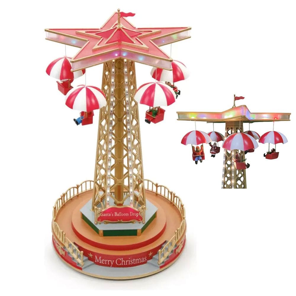 Torre Paraquedas Carrossel Natal Natalino Movimento Sobe Desce Iluminaçao Led Decoraçao Parque de Diversoes Cenario Luxo Enfeite Mesa Estante Recepçao
