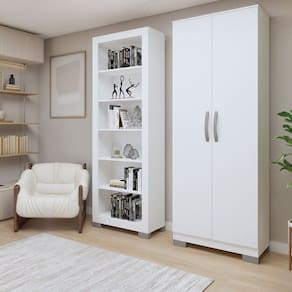 Conjunto Estante Flex 5 Prateleiras e Multiuso 2 Portas Branco