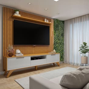 Conjunto Rack Áustria 220cm com Painel Ripado com Led para Tv de até 75 Polegadas Paris Naturalle/Off White