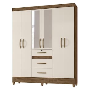 Guarda Roupa Casal Itatiba 6 Portas E 3 Gavetas Castanho Wood Off White Com Espelho - Moval Castanho Wood Off White