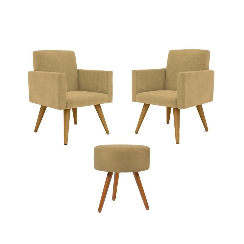 Kit 02 Poltronas Decorativas Pés Palito + 1 Puff Cor:capuccino