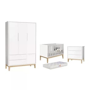 Dormitório Classic 3 Portas, Cômoda 3 Gavetas Branco Com Pés Madeira Natural E Colchão D18 - Reller Móveis Branco