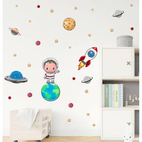 Adesivo De Parede Astronauta Cute Galáxia Foguete E Planeta