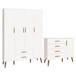 Jogo De Quarto Infantil Isis Guarda Roupa 4 Portas E Cômoda 1 Porta Branco - Reller Móveis Branco