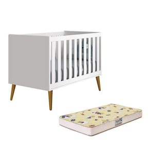 Berço Mini Cama Theo Retrô Branco Fosco Com Pés Amadeirado E Colchão D18 - Reller Móveis Branco Fosco