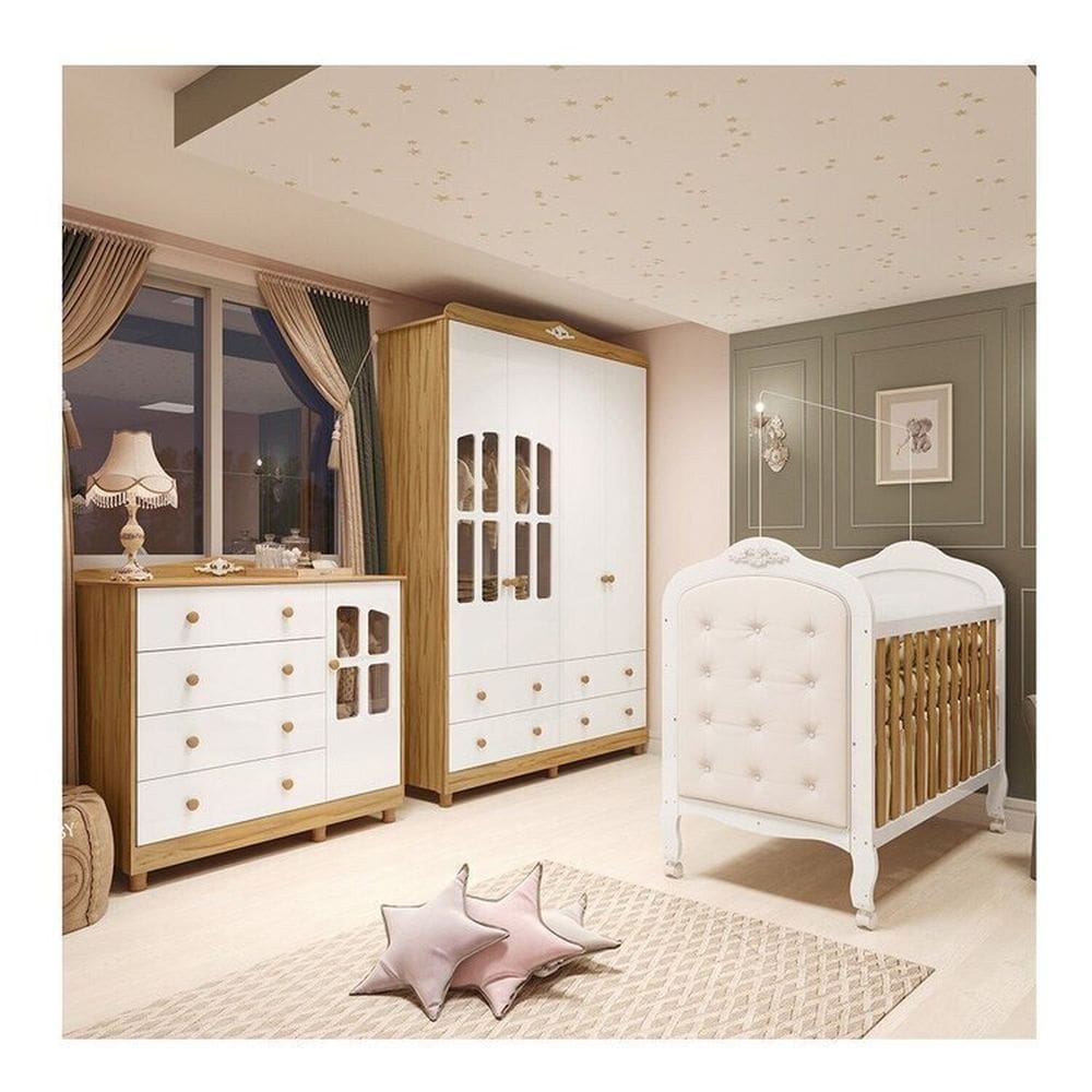 Quarto de Bebê Guarda-roupa e Cômoda com Janelas e Berço com Capitonê Maya Clássico Espresso Móveis Branco Brilho/Amêndoa/Branco