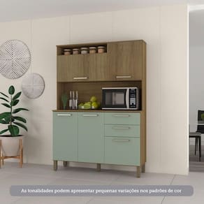 Cozinha Compacta 5 Portas E 2 Gavetas Com Tampo Luciane Móveis Carvalho Avelã Verde Mar