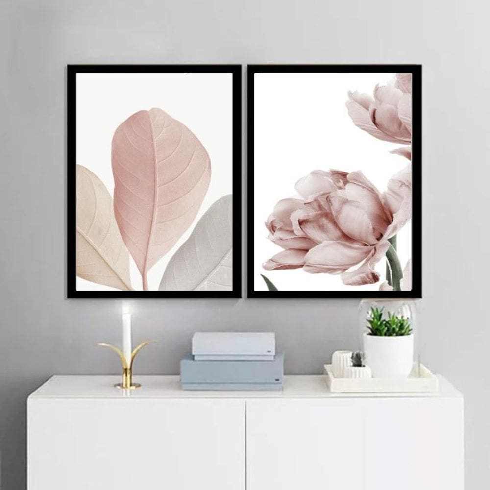 Kit 2 Quadros Modernos Florais Soft 33X24Cm - Com Vidro