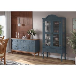 Conjunto Cristaleira Luis Xv Alta Com Balcão 4 P E 4 G De Madeira Maciça E Mdf Azul Petróleo