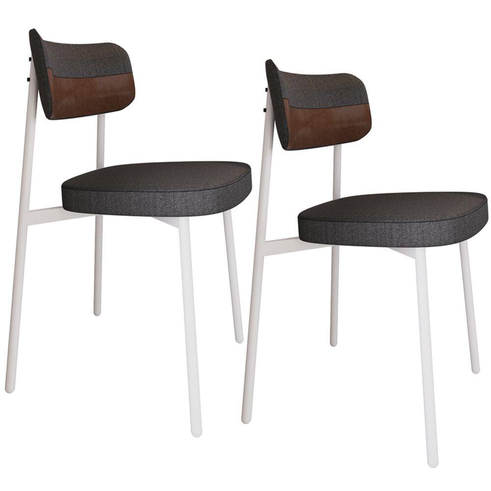 Kit 02 Cadeiras Estofada Para Sala de Jantar Astrid Branco C01 Linho Preto Courino Whisky - Lyam Decor