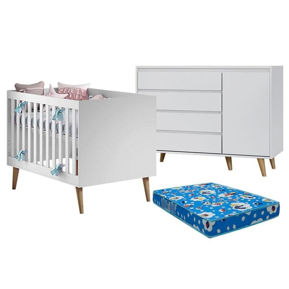 Berço Americano Ludmila e Cômoda Gran Lorena Branco Acetinado Bétula com Colchão Ortobom – Carolina Baby