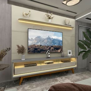 Rack com Painel para TV Até 85 Polegadas Royal Requinte 100% Mdf com Led Off White/Cinza - Gelius